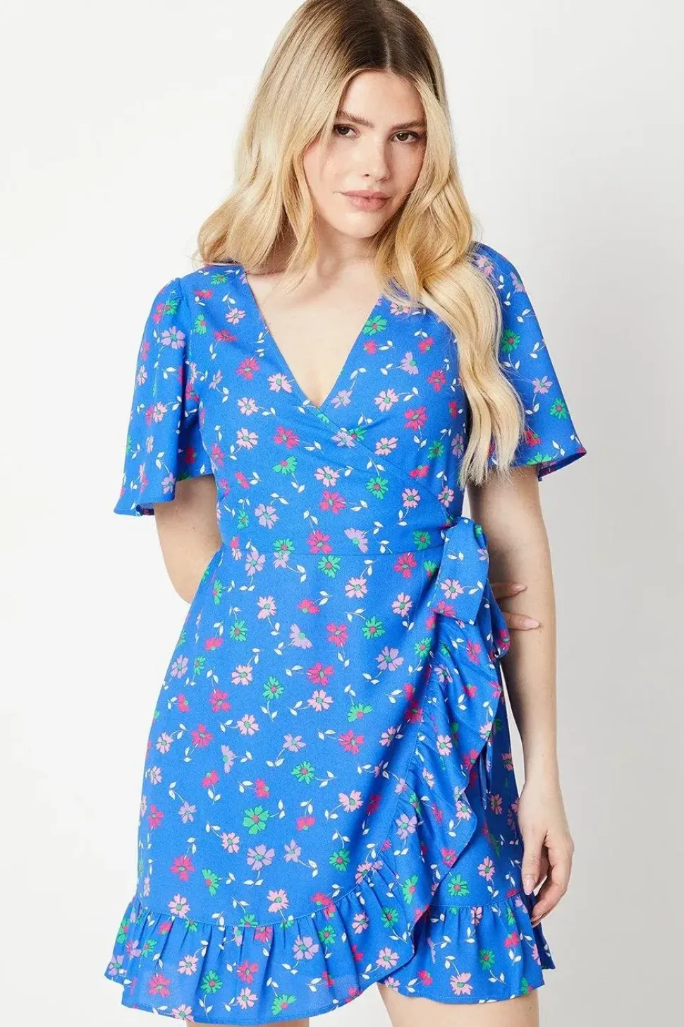 Blue Floral Wrap Tie Side Ruffle Hem Mini Dress