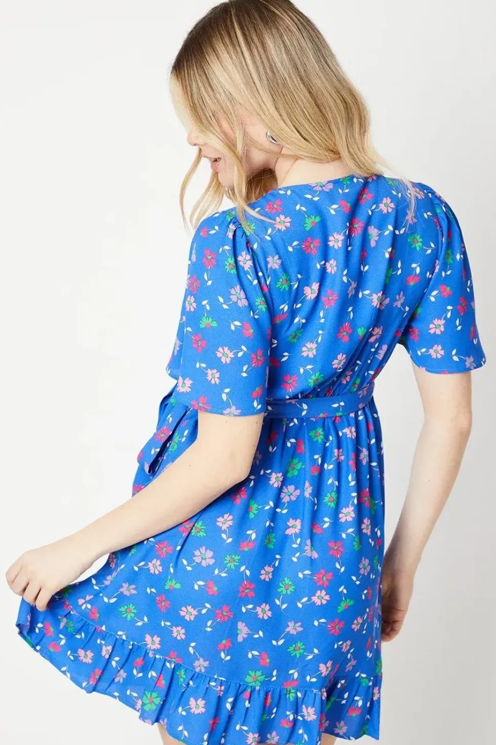 Blue Floral Wrap Tie Side Ruffle Hem Mini Dress