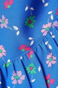 Blue Floral Wrap Tie Side Ruffle Hem Mini Dress
