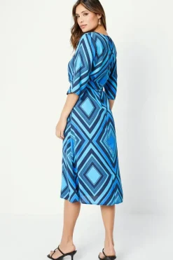 Blue Geo Belted Midi Dress