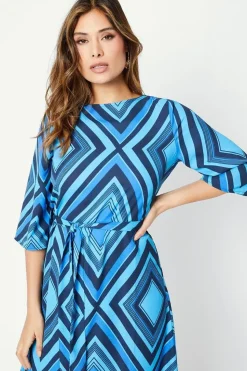 Blue Geo Belted Midi Dress