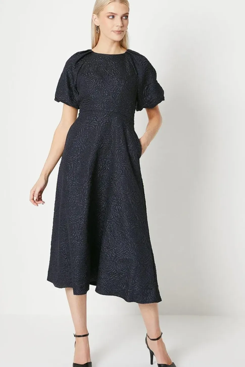 Blue Jacquard Puff Sleeve Midi Dress