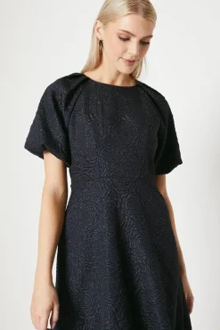 Blue Jacquard Puff Sleeve Midi Dress