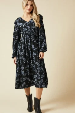 Blue Large floral Frill Shoulder Shirred Waist Long Sleeve Midi Dress