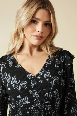 Blue Large floral Frill Shoulder Shirred Waist Long Sleeve Midi Dress