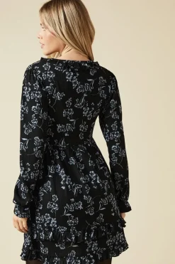 Blue large floral Ruffle wrap long sleeve mini dress