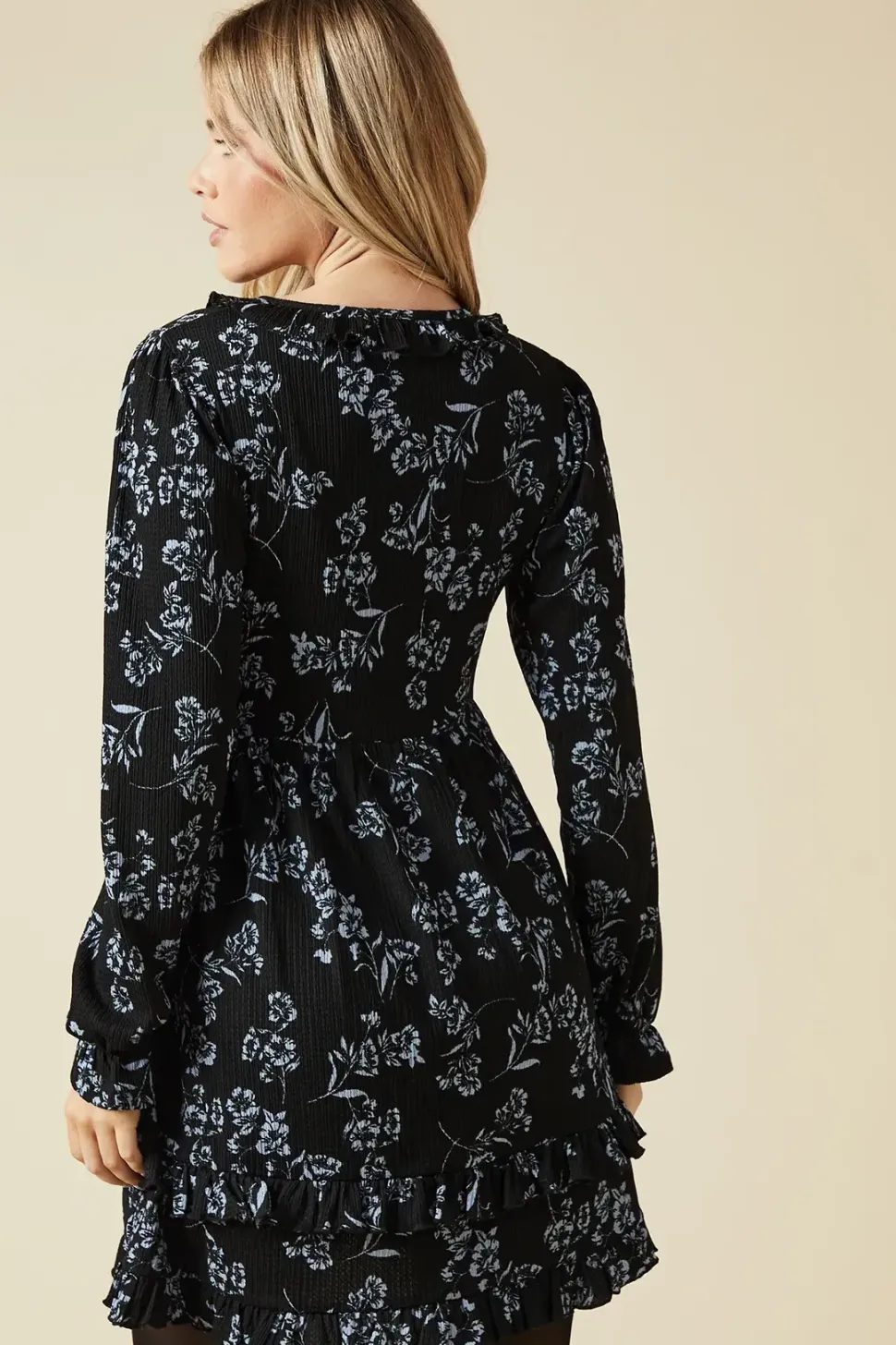 Blue large floral Ruffle wrap long sleeve mini dress