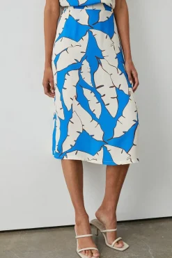 Blue Leaf Print Elasticated Back Waist Midi Skirt