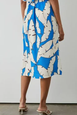 Blue Leaf Print Elasticated Back Waist Midi Skirt