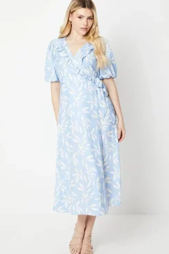 Blue Leaf Ruffle Tie Side Wrap Midi Dress