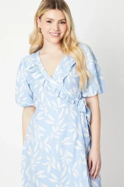 Blue Leaf Ruffle Tie Side Wrap Midi Dress
