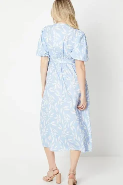 Blue Leaf Ruffle Tie Side Wrap Midi Dress