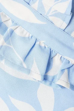 Blue Leaf Ruffle Tie Side Wrap Midi Dress