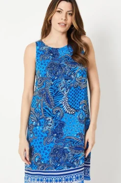 Blue Paisley Border Print Sleeveless Shift Dress