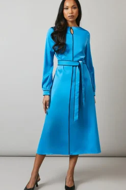 Blue Piping Detail Keyhole Midi Dress