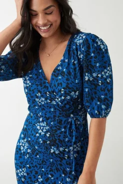 Blue Printed Puff Sleeve Wrap Midi Dress