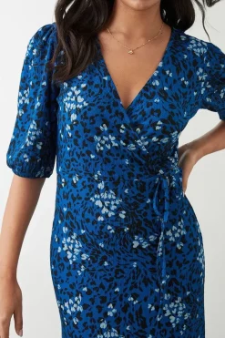 Blue Printed Puff Sleeve Wrap Midi Dress