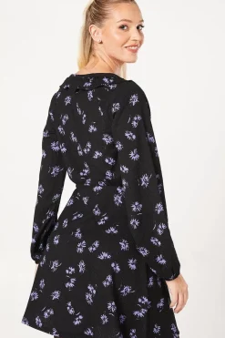 Blue Spaced Ditsy Frill Front V Neck Mini Dress
