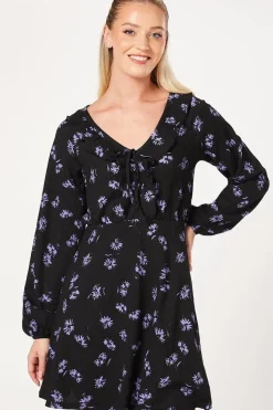 Blue Spaced Ditsy Frill Front V Neck Mini Dress
