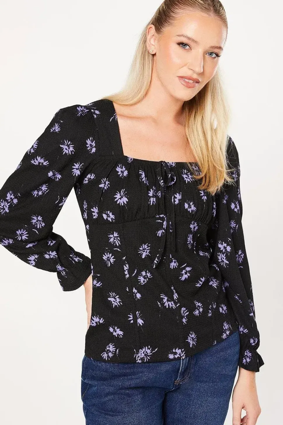 Blue Spaced Floral Tie Front Long Sleeve Top