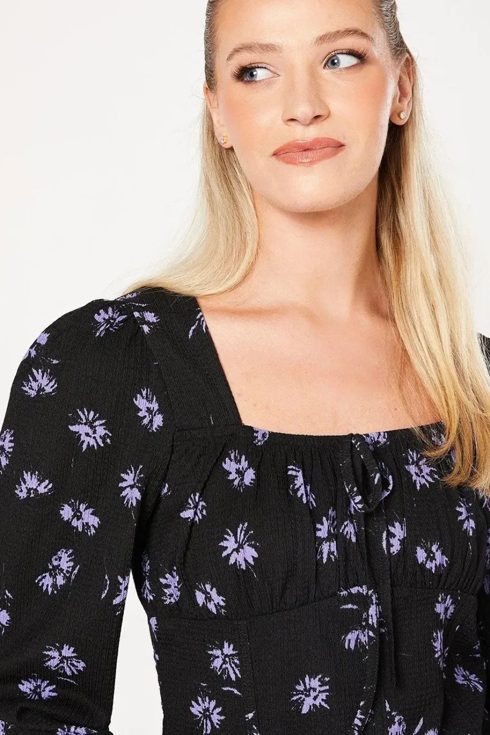 Blue Spaced Floral Tie Front Long Sleeve Top