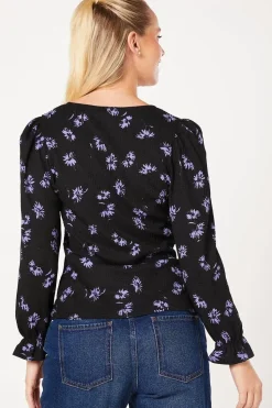 Blue Spaced Floral Tie Front Long Sleeve Top