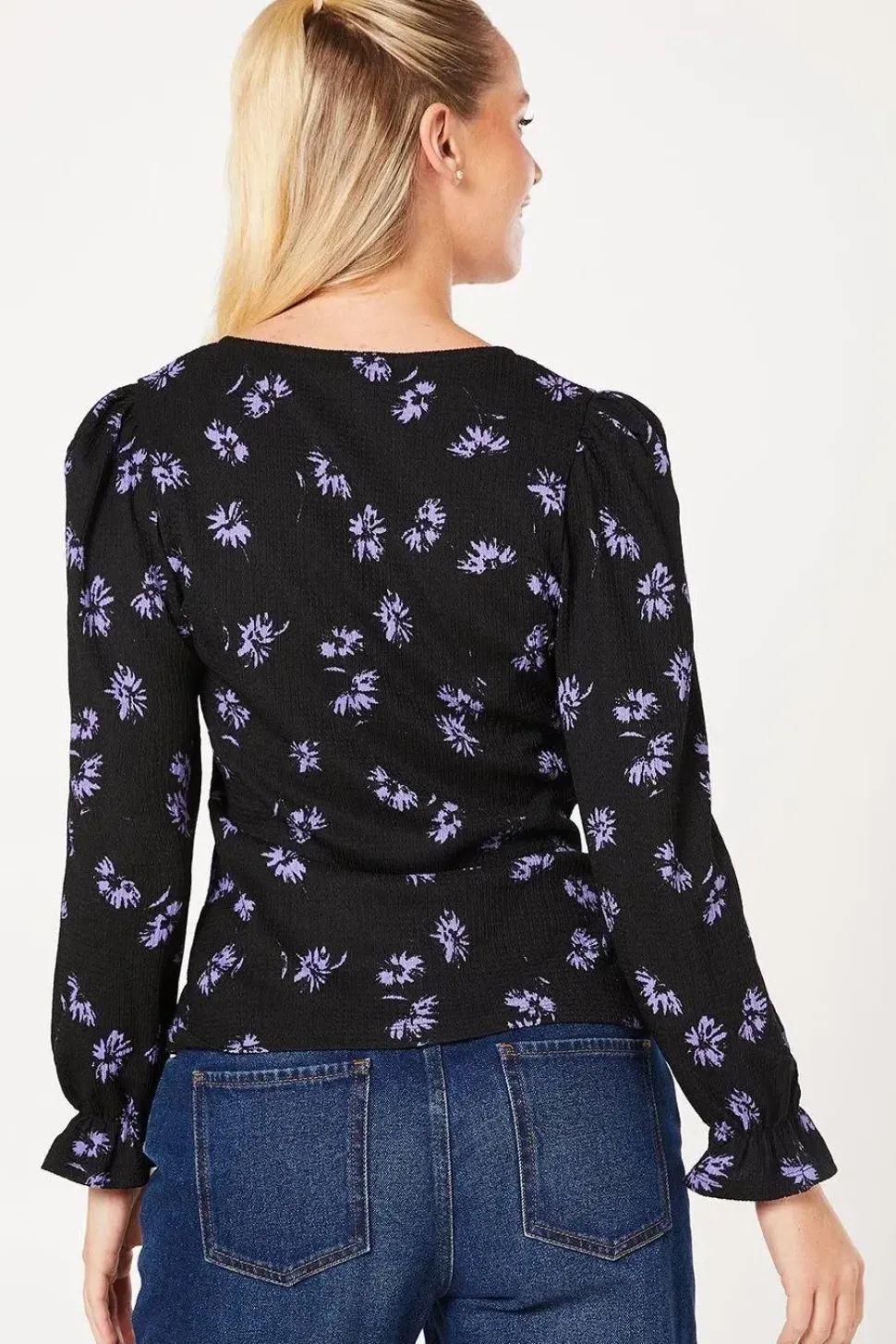 Blue Spaced Floral Tie Front Long Sleeve Top