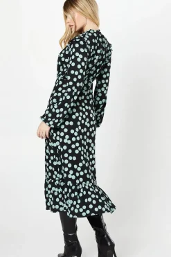 Blue Spot Ruffle Hem Long Sleeve Midi Dress