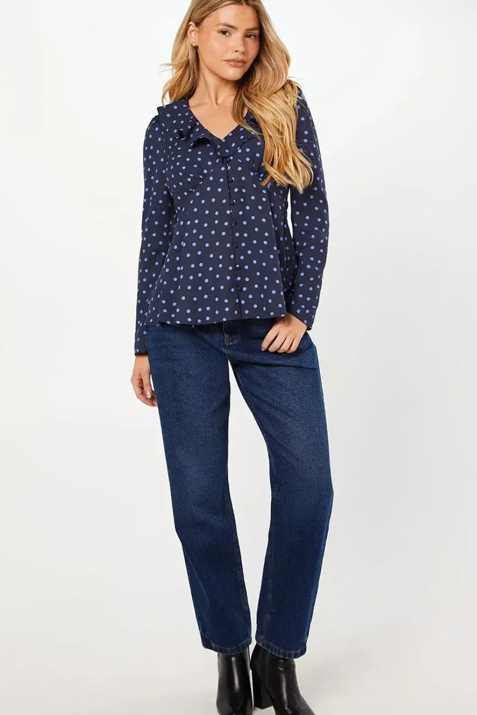 Blue Spot Ruffle Neck Long Sleeve Button Front Tea Blouse