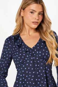 Blue Spot Ruffle Neck Long Sleeve Button Front Tea Blouse