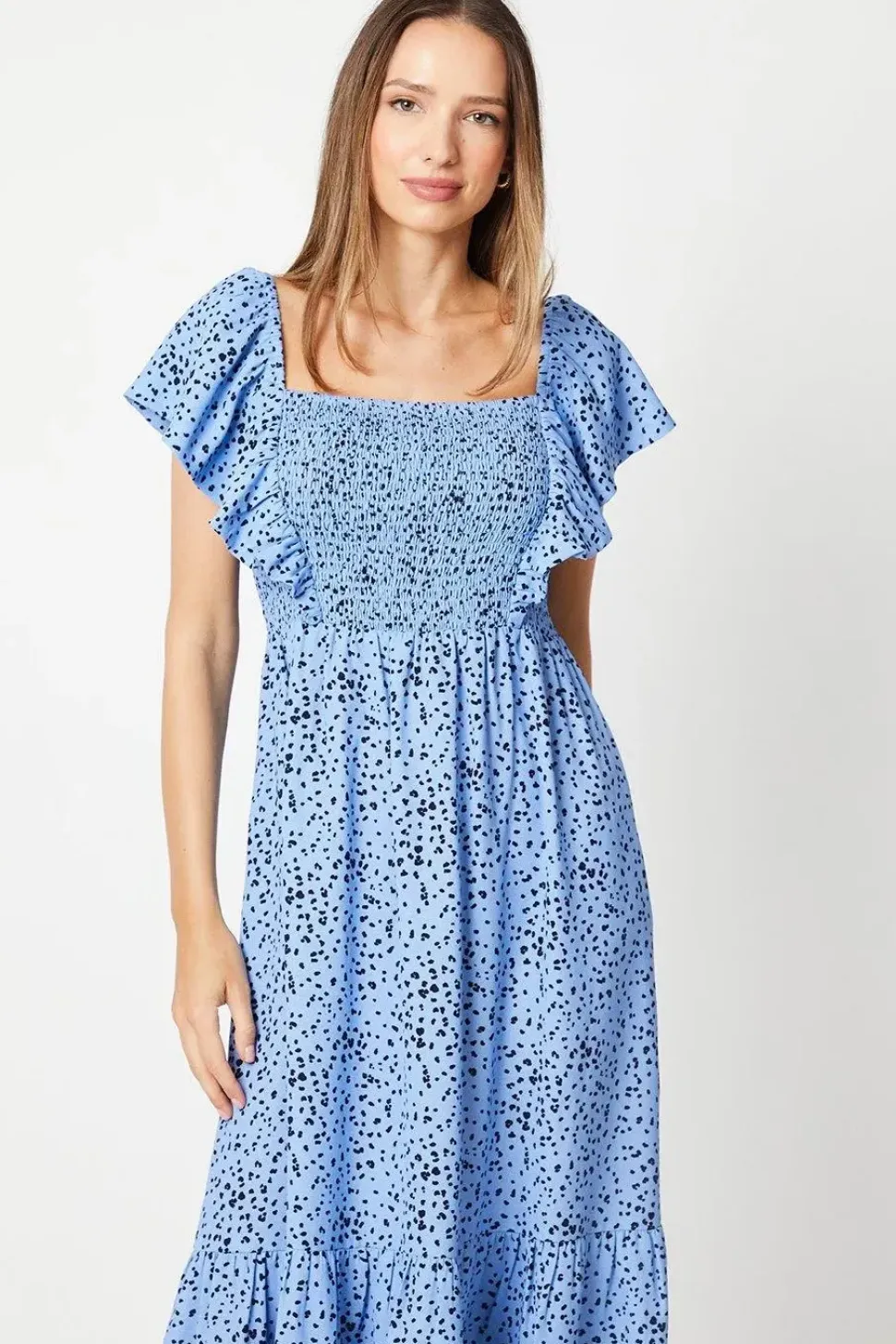 Blue Spot Shirred Bodice Ruffle Sleeve Midi Dress