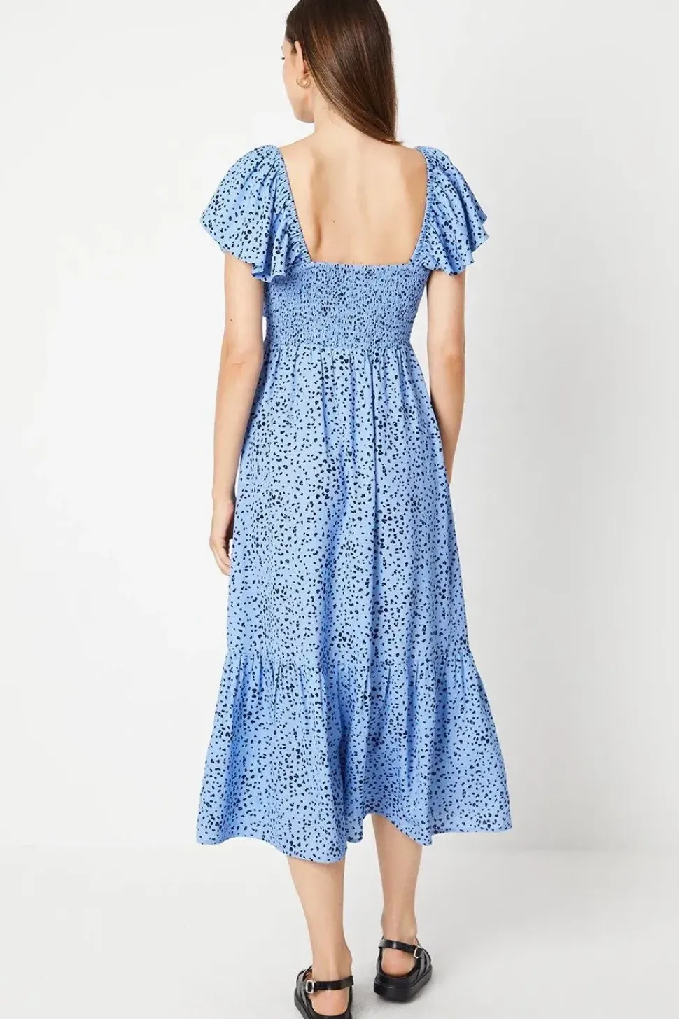 Blue Spot Shirred Bodice Ruffle Sleeve Midi Dress