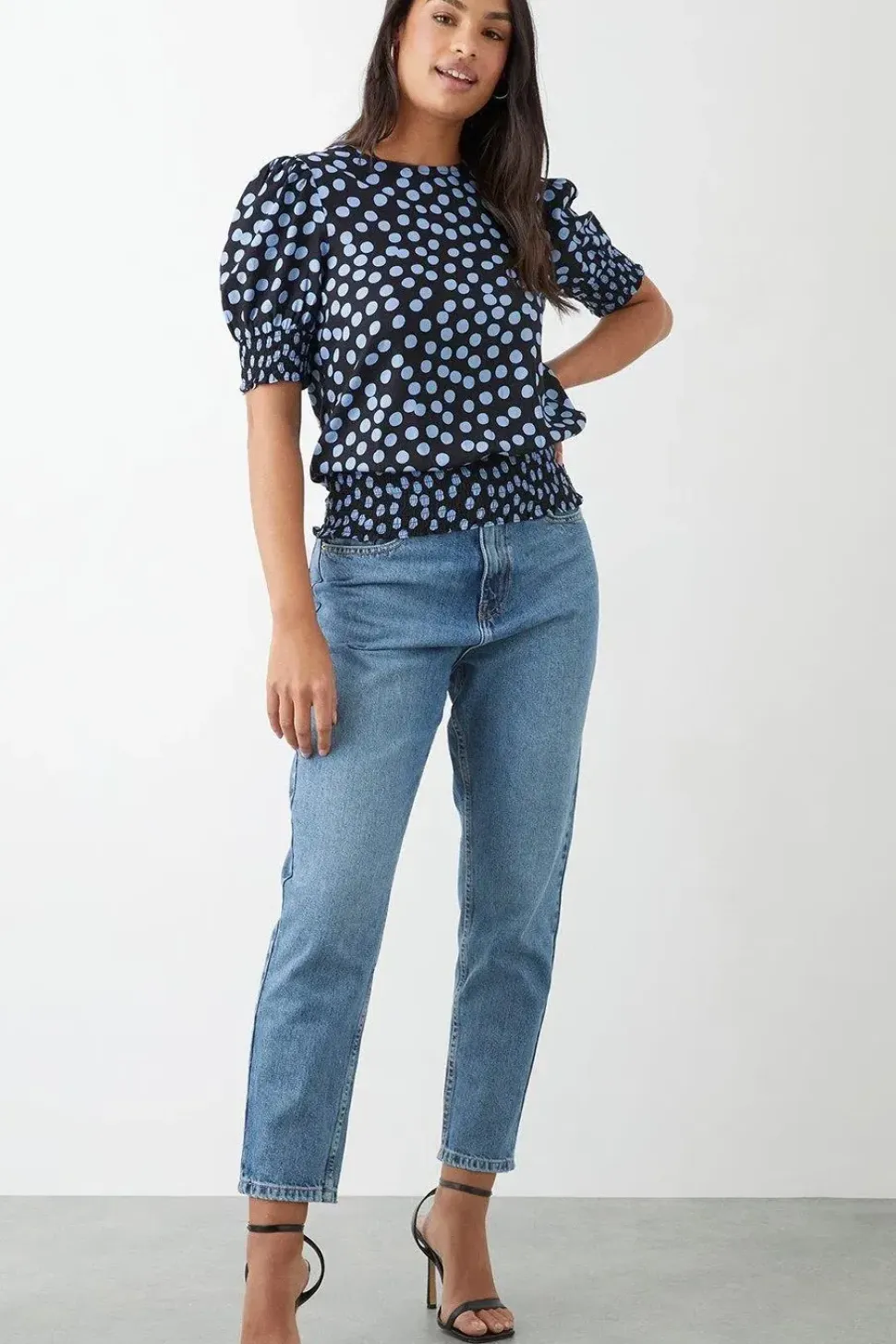 Blue Spot Shirred Hem Blouse