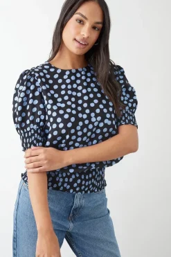 Blue Spot Shirred Hem Blouse