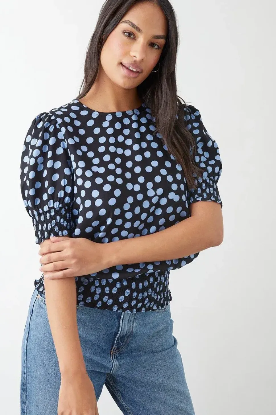 Blue Spot Shirred Hem Blouse