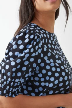 Blue Spot Shirred Hem Blouse
