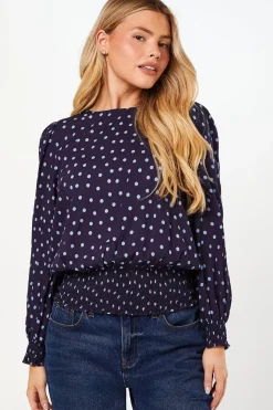 Blue Spot Shirred Hem Long Sleeve Blouse