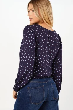 Blue Spot Shirred Hem Long Sleeve Blouse