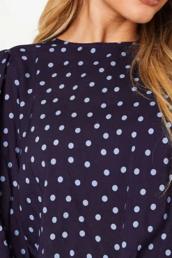 Blue Spot Shirred Hem Long Sleeve Blouse
