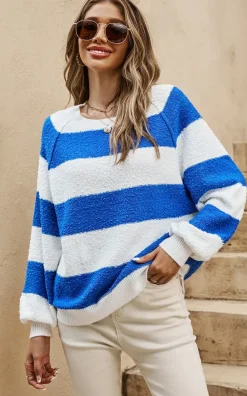 Blue Stripe Relaxed Knit Jumper Top In White