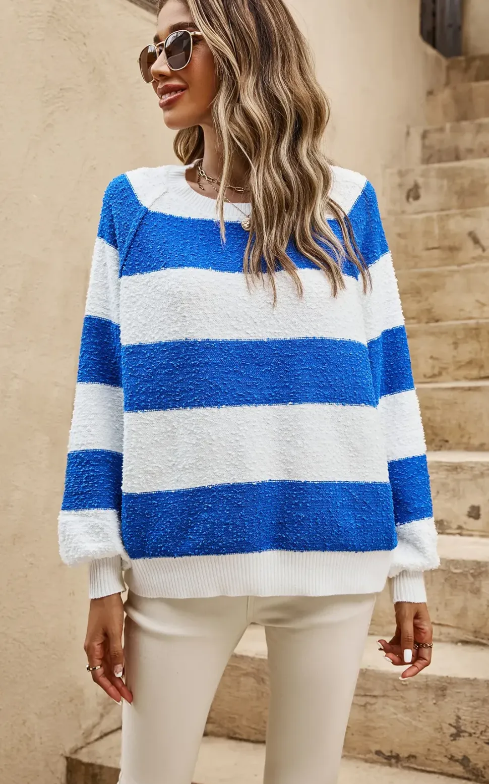 Blue Stripe Relaxed Knit Jumper Top In White