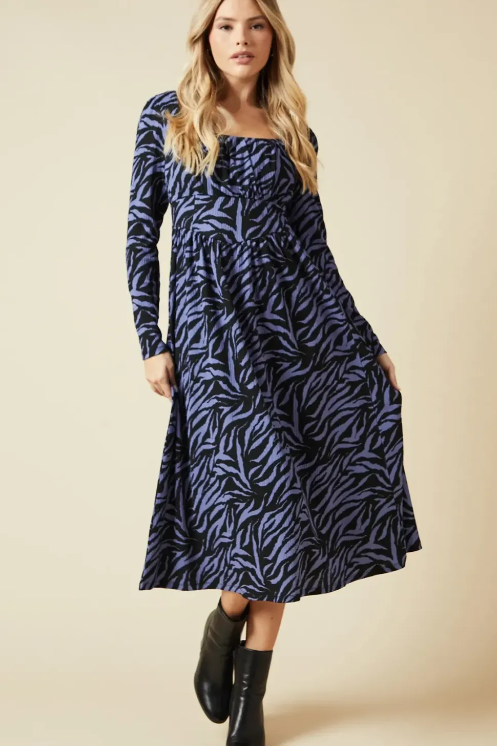 Blue Zebra Seam Detail Long Sleeve Midi Dress