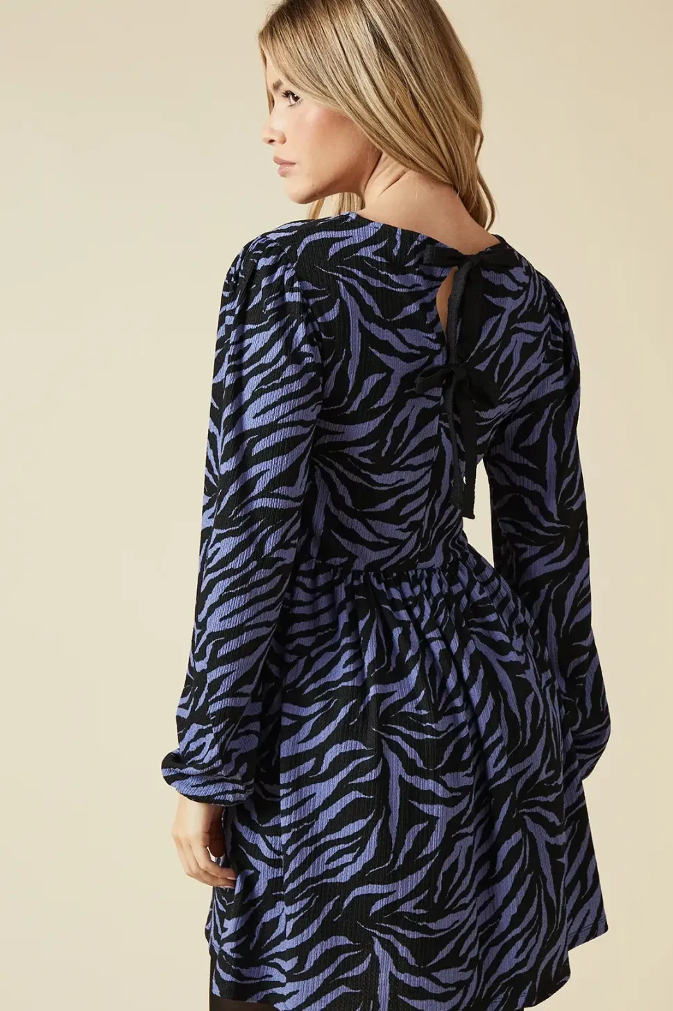 Blue Zebra Tie Back Long Sleeve Mini Dress