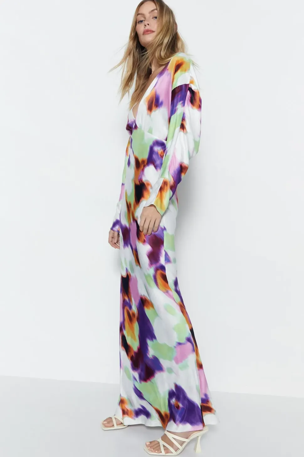 Blurred Abstract Print Satin Batwing Dress