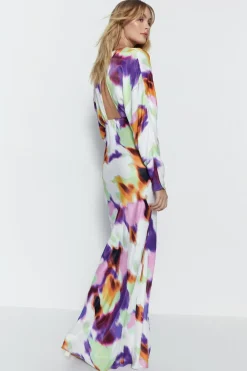 Blurred Abstract Print Satin Batwing Dress