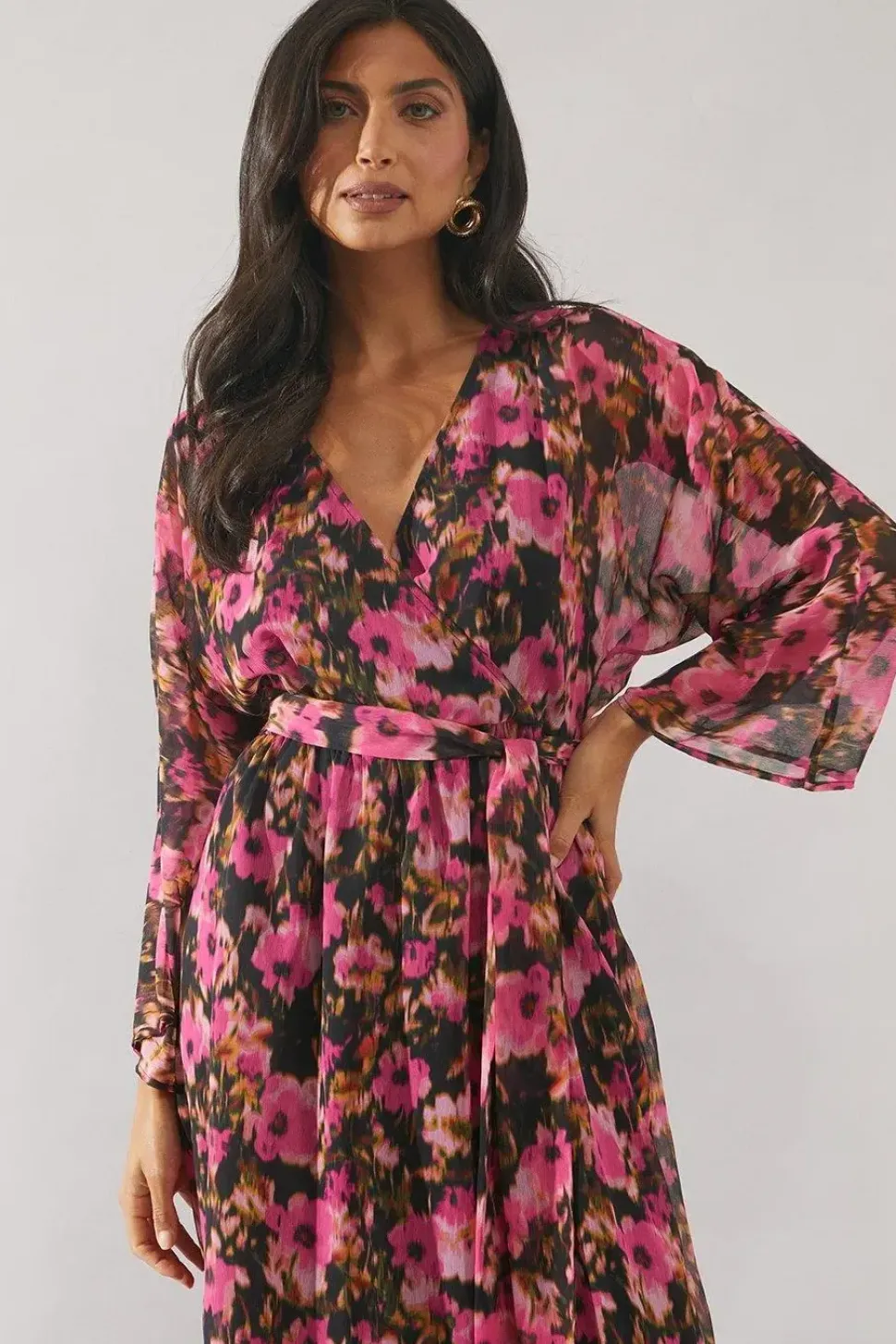Blurred Floral Batwing Sleeve Wrap Dress