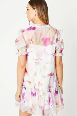 Blurred Floral 3d Flower Puff Sleeve Mini Dress