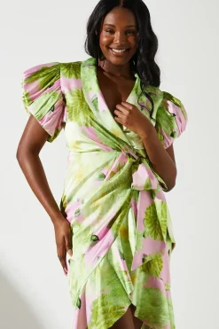 Blurred Floral Satin Wrap Dress