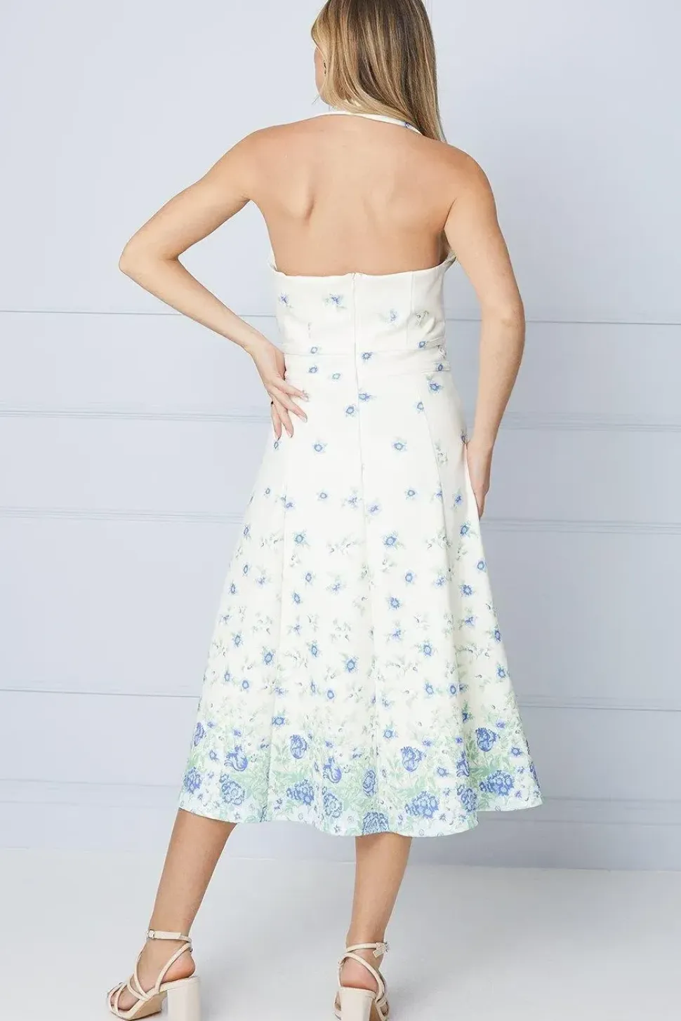 Blush Floral Halter Scuba Trim Insert Midi Dress