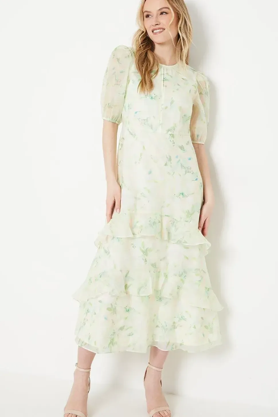 Blush Floral Organza Puff Sleeve Midi Dress